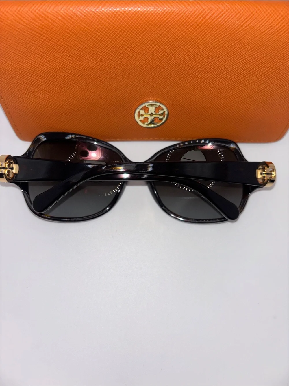 Tory Burch Black Oversized Tortoise Sunglasses with Orange Logo Case
